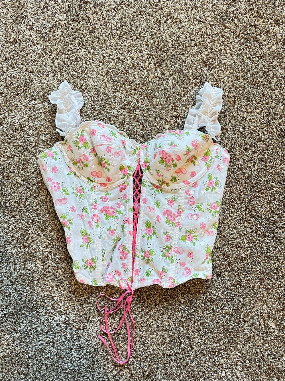 Vintage Y2K Floral Lace-Up Bustier Crop Top - Pink & Green Floral